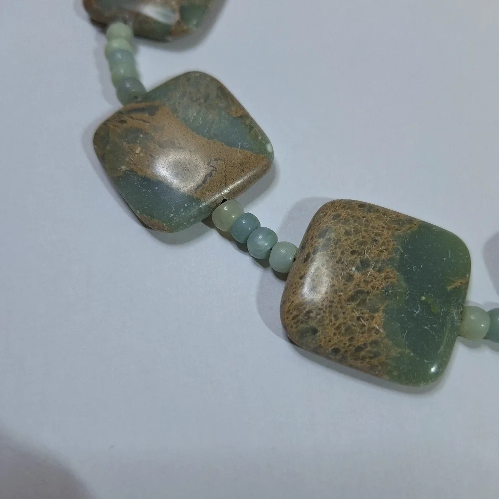 Teal Beaded Square Stone Marble Style Statement Costume Jewelry Necklace - Picture 5 of 11